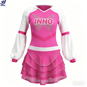 Uniformes <span class=keywords><strong>de</strong></span> Porristas <span class=keywords><strong>de</strong></span> Spandex con Logotipo Personalizado, Diseño <span class=keywords><strong>de</strong></span> Mariposa Rosa y Blanca con Pedrería, Personalizables - Product Image 1