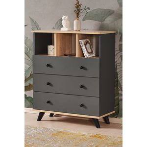 Commode de chambre moderne BABIL à 3 tiroirs et 3 étagères ouvertes, en chêne et métal, meuble de rangement modulaire, table de chevet pour salon - Product Image 4