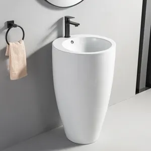 Modern Lavatory Pedestal Basin Lavabo Ceramic One-Piece Wash Basin Round White Ceramic Bathroom Sink