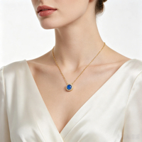 Collar con Colgante de Calcedonia Azul Halo en Oro Sólido de 18K PCX, Cadena Delicada con Eslabones Ovalados, Piedra de Nacimiento de Ágata, Joyería Fina, Regalo para Mujer