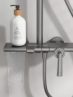 Ensemble de douche mural tout cuivre avec mitigeur céramique, fonction pluie, pause et massage, pistolet de douche pressurisé, finition gris brossé doré, avec glissière