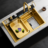 Évier de cuisine de luxe en acier inoxydable 304, fini or, fabrication mécanique, nano, épaisseur 5 mm, cuve unique, cascade, affichage numérique