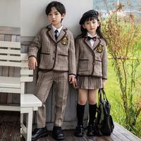 RG-automne Plaid tissu fille hauts jupe plissée ensemble et garçon hauts pantalons costumes vérifier uniforme scolaire pour la maternelle