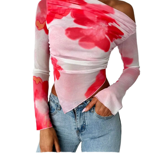Haut court d'été pour femme style Y2K, imprimé floral dégradé tie-dye sur maille, sexy, épaules dénudées, manches longues, ourlet asymétrique, tricoté - Product Image 1