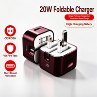Chargeur rapide 20W PD 3.0 avec prise UK, adaptateur mural USB-C pliable, certifié CE, couleur rouge, pour téléphone, tablette, montre, écouteurs, console de jeu