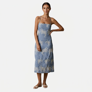 Vestido Midi de Lino para Mujer, Estampado de Palmeras, Tirantes Franceses, Cuello Cuadrado, Ropa Casual de Verano, Proveedor Mayorista en Línea de China - Product Image 2