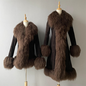 Gabardina larga de piel de oveja auténtica, esponjosa, colores personalizados, Cuello de piel de cordero de Mongolia de lujo, puños, chaqueta de cuero de gamuza auténtica para mujer - Product Image 4