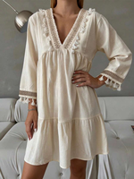 Robe Courte Bohème Ivoire à Col en V et Manches Longues avec Franges pour Femme – Tenue de Vacances – Vente en Gros et Personnalisation