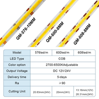Tira de Luces LED COB Raymates sin Puntos, Ajustable, Regulable, CCT, 24 V, 608 LED, Ancho de PCB de 10 mm, Tira de LED COB Brillante