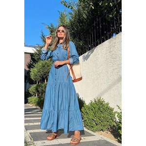 Vestido Camisero Azul con Cuello de Solapa, Cintura Natural, Tejido Transpirable, Vestido Casual Diario - Product Image 1