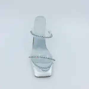 Jf005 strass de pé quadrado prata pvc, calçado feminino de pirâmide transparente