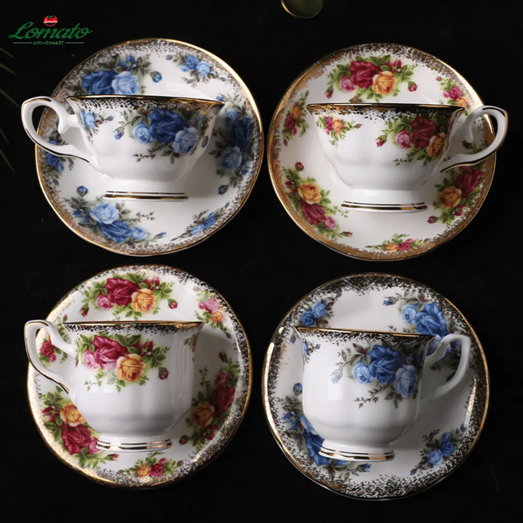 Vintage elegante ouro borda osso porcelana cerâmica café xícara e pires estilo europeu atacado chá xícaras e pires