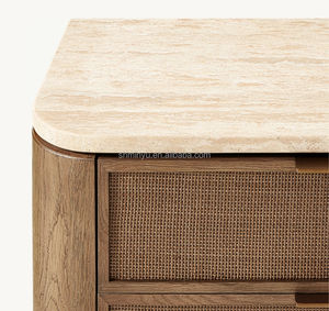 MYHOME Meubles de chambre à coucher en bois de chêne massif français de haute qualité Tables de chevet fermées à 3 tiroirs avec dessus en travertin - Product Image 4