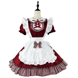 Sweet Lolita Maid Dress Wine Red With Checkered Trim Cosplay Costume For Anime Role Play - Product Image 5