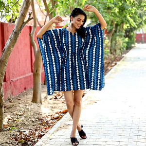 Blue Block Printed Floral Eco-Friendly Cotton <b>Kaftan</b> Dress Loose Midi Woven Boho Casual for <b>Summer</b> Spring Autumn Beach Vacation - Product Image 1