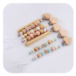 Nouveau bébé bricolage créatif pince-sucette en bois de hêtre dessin animé coeur conception avec chaîne de perles de Silicone anti-chute apaisant bébé sucette - Product Image 3