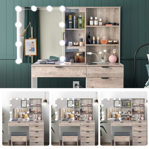 <b>Vanity</b> Desk with Sliding <b>Mirror</b> & <b>Lights</b> Charging Station Drawers, Farmhouse Modern Makeup Set Stool for Bedroom - Product Image 2