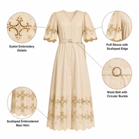 Robe longue décontractée pour femme, beige, col en V, broderie ajourée, taille naturelle, 100% coton, avec ceinture et ourlet festonné, idéale pour les vacances