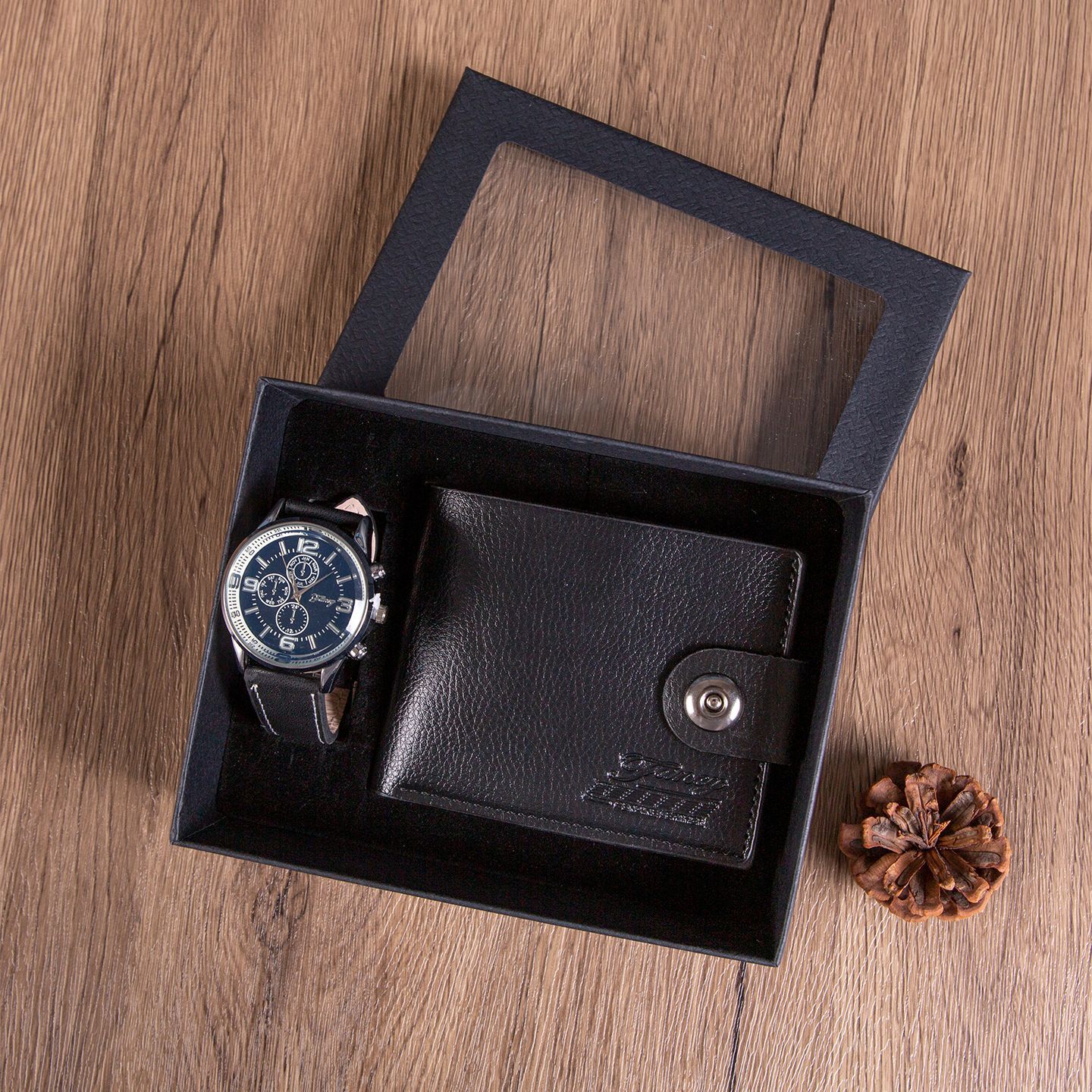 Confezione regalo per orologio con portafoglio nero da 3 pezzi