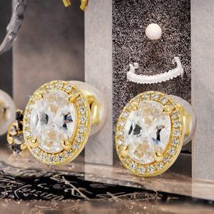 Wholesale 925 Sterling Silver 14K Gold Plated Geometric Statement Pattern <b>Earrings</b> Oval Zircon Trendy Engagement Party Weddings - Product Image 2