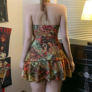 Vestido étnico con estampado retro, cuello halter y cuentas, estilo línea A para mujer, estilo Y2K vintage bohemio, vestido de moda de verano. - Product Image 6