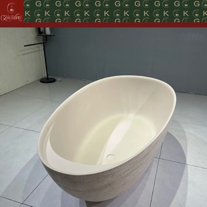 Bañera Ovalada Independiente GOLDKING Minimalista para Apartamento Urbano, en Travertino Beige, con Franjas Horizontales, Borde Liso OEM, Personalizable - Product Image 5