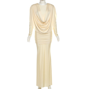 2026 elegante Maxi abito Casual da donna girocollo manica lunga plissettato in Spandex materiale popolare ora - Product Image 5