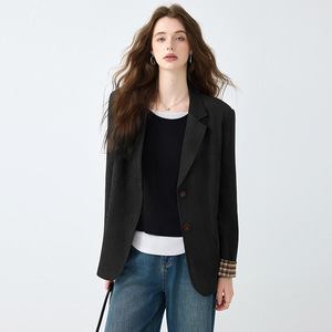 Women's Blazer Coffee Color Solid Woolen Fabric Loose Fit Spring Autumn Outerwear - Product Image 3