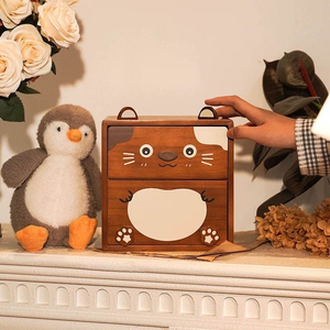 Organisateur de bureau en bois massif avec 2 tiroirs, design chat de dessin animé mignon, pour cosmétiques et papeterie, décoration de bureau/chambre - Product Image 4