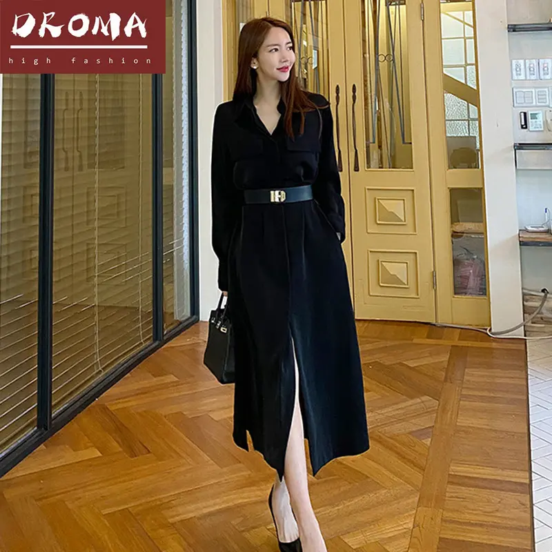 Droma wholesale price autumn new style Korean long skirt fashion waist black slit dress with belt