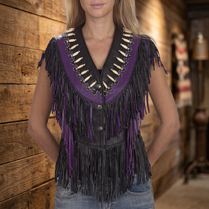 Chaleco de cuero genuino de estilo occidental con flecos, decoración Vintage, ropa exterior a prueba de viento con tela de lona tejida de trabajo óseo - Product Image 2