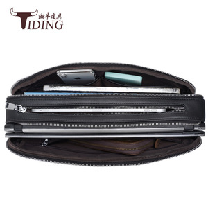 Tiding Genuine Leather Business Bag 14 Inch Laptop <b>Briefcase</b> Men's Zipper Closure Solid Color Black - Product Image 4