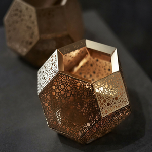 Hexagon Metal <b>Lantern</b> With Cutout Pattern <b>Gold</b> Finish Home Decoration Votive Candle Holder Heat Resistant Reusable - Product Image 1