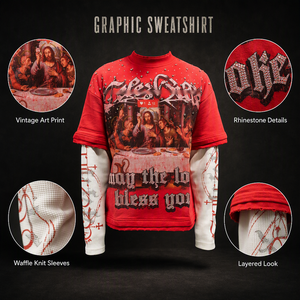 T-shirt a maniche lunghe Yingling Waffle Panel con logo in strass da uomo, vestibilità ampia, stampa serigrafica DTG, all'ingrosso - Product Image 2