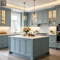 Meuble d'îlot de cuisine en L sur mesure, en bois massif, style Shaker bleu, ensemble d'armoires de cuisine pour villa et appartement, avec placard de rangement