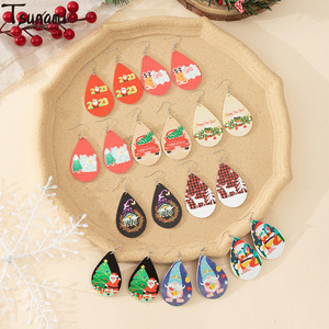 Christmas Wooden Teardrop <b>Drop</b> Earrings Cartoon Print Women's Gift Jewelry - Product Image 1