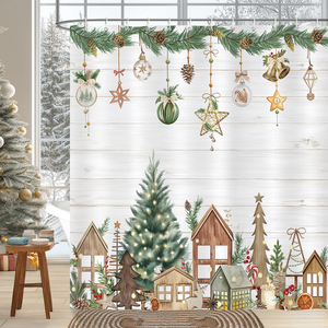 Ensemble de rideaux de <span class=keywords><strong>douche</strong></span> de Noël pour la décoration de la salle de bain, rideaux de <span class=keywords><strong>douche</strong></span> amusants avec motif d'arbre et de cabane en bois, cadeaux rustiques, ensemble de rideaux de <span class=keywords><strong>douche</strong></span> pour enfants - Product Image 2