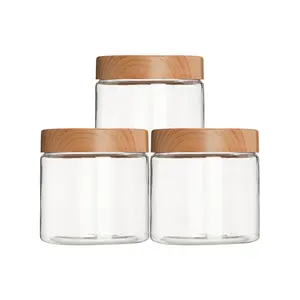 Clear Pots Cosmetic Jar Body Scrub Container Empty PET Plastic with Bamboo Wood Cream Customized Lids 4oz 8 Oz 500ml 800ml 1L