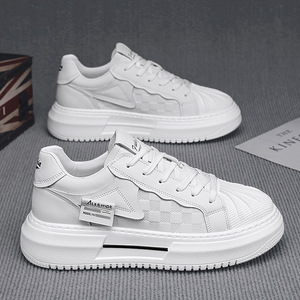 Sepatu Sneakers Putih Model Shell-toe Pria dengan Sol Peninggi Badan, Gaya Baru Musim Semi, Bagian Atas Kulit Sintetis, Penutupan Tali