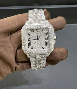 Montre tendance à cadran carré en acier inoxydable et moissanite avec bracelet en acier inoxydable et fermoir, résistante à l'eau 10 bars - Product Image 1