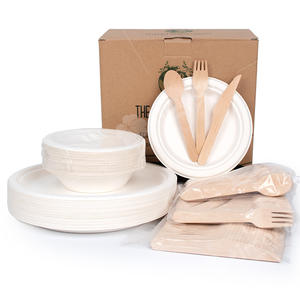 Ensemble d'assiettes rondes jetables en bagasse, ustensiles biodégradables compostables, couverts, fourchettes, couteaux, cuillères, marque <span class=keywords><strong>Timeco</strong></span> - Product Image 6