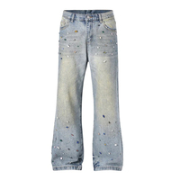 Jean baggy multicolore pour homme, coupe large, en denim délavé clair, orné de cristaux de formes variées, style streetwear vintage