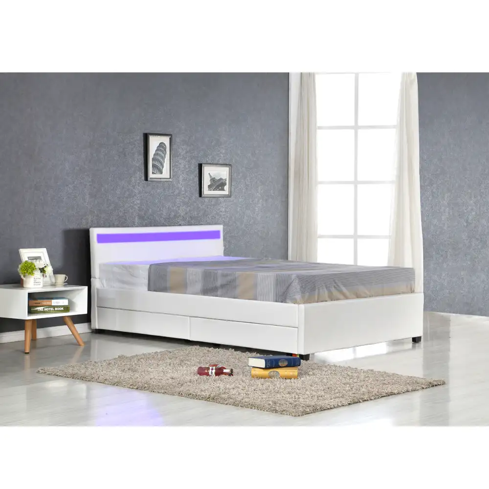 Cama LED moderna de tamaño Queen, mueble de dormitorio tapizado blanco de cuero de imitación, king Size