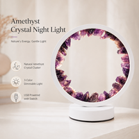 Lampe de nuit LED USB 3 couleurs en amas de cristal d'améthyste naturelle, base blanche, décoration