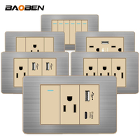 BAOBEN Prise murale standard américaine en acier inoxydable avec bordure dorée et panneau gris, série USB Type C pour ordinateur