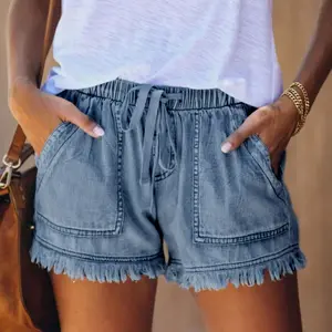 Shorts jeans femininos casuais com bainha crua e cintura alta, shorts jeans com faixa elástica