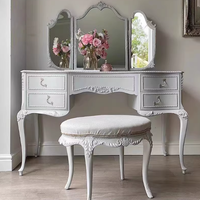 Coiffeuse en bois massif sculpté de style provincial français avec miroir et tiroirs, ensemble de coiffeuse blanche avec tabouret pour chambre à coucher
