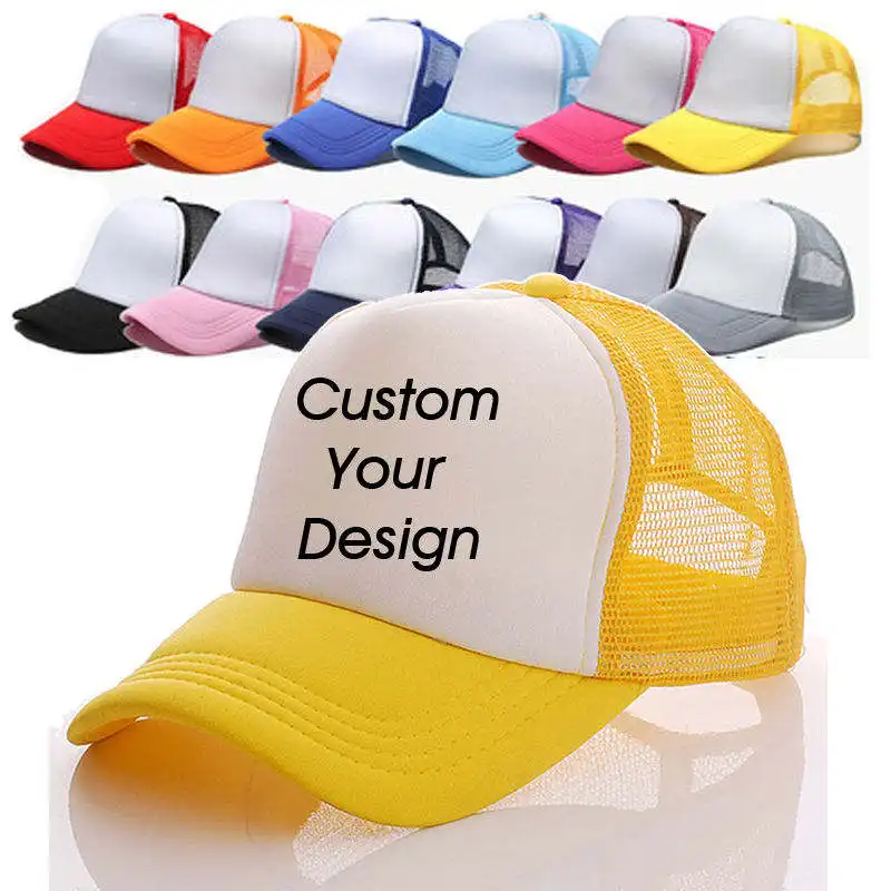 Cappellini per papà in bianco economici Hip Hop all'ingrosso stampa ricamata cappello da Baseball in rete a 5 pannelli Logo personalizzato cappello da camionista con berretto in schiuma