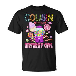 T-shirt Cousin Of The Birthday Girl Candyland pour adulte, unisexe, manches courtes, col rond, impression numérique, fête, réunion de famille - Product Image 1