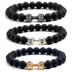 Bracelet haltère en pierre volcanique noire naturelle, perles noires mates, pour femmes et hommes, bijoux de fitness, Pulseras - Product Image 1